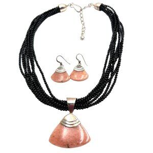 Jay King Mine Finds Sterling Silver Pink & Black Gemstone Necklace Earrings Set